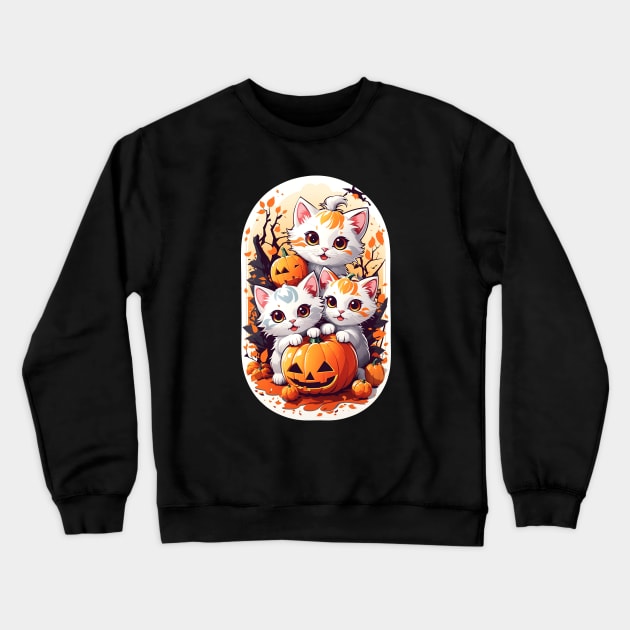 Halloween Kawaii Kittens Playing with small pumpkins Crewneck Sweatshirt by admeral